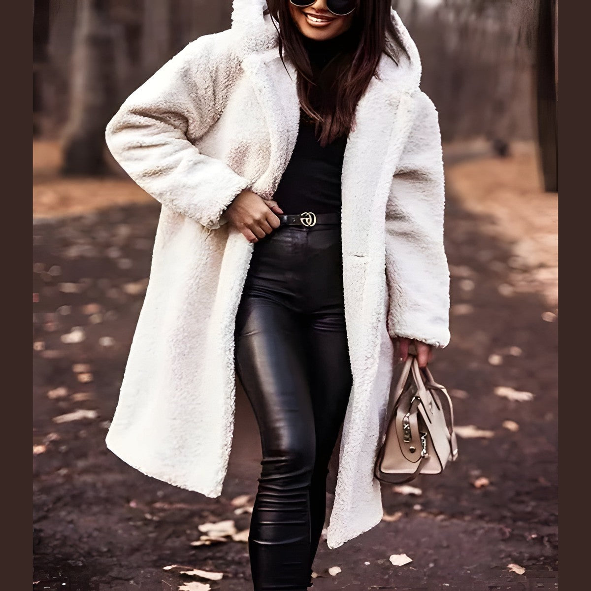 Plush Fleece Longline Hooded Winter Coat with Front Zipper and Deep Pockets