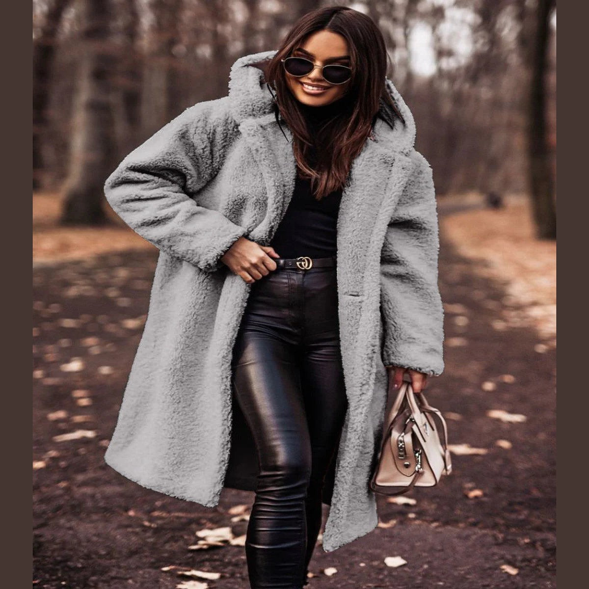 Plush Fleece Longline Hooded Winter Coat with Front Zipper and Deep Pockets