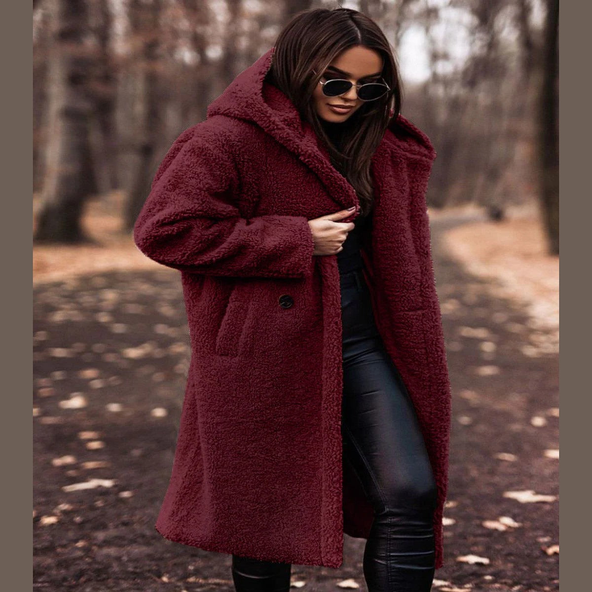 Plush Fleece Longline Hooded Winter Coat with Front Zipper and Deep Pockets