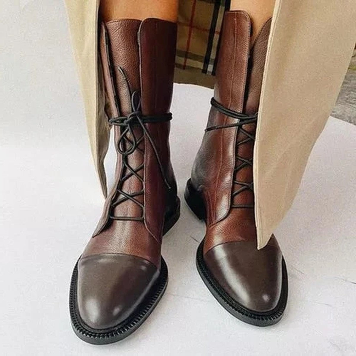 Chunky Block Heel Ankle Booties with Lace Up Front and Side Zipper