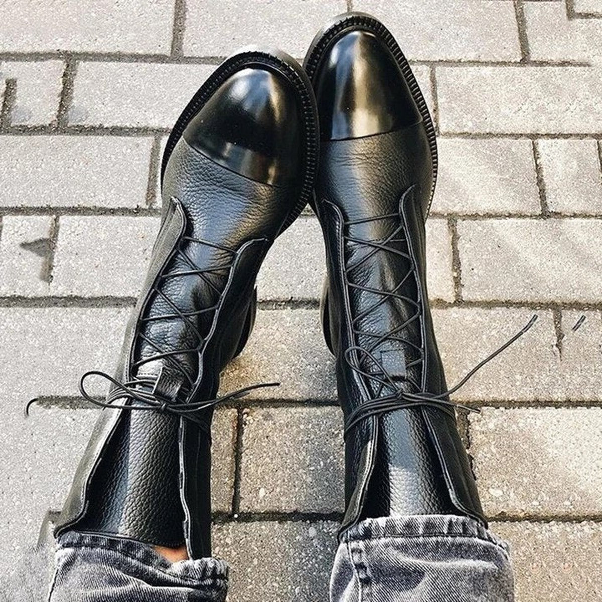 Chunky Block Heel Ankle Booties with Lace Up Front and Side Zipper