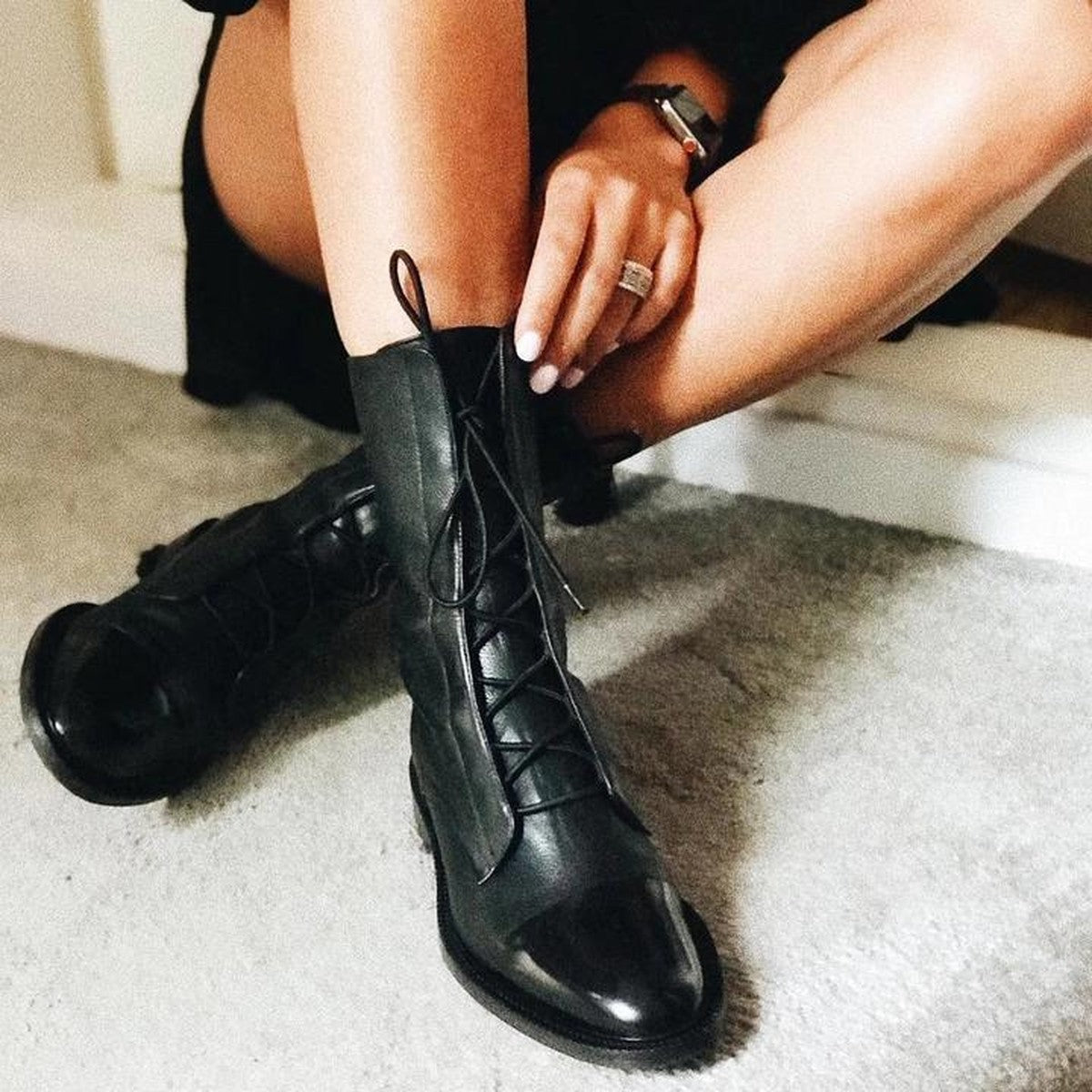 Chunky Block Heel Ankle Booties with Lace Up Front and Side Zipper