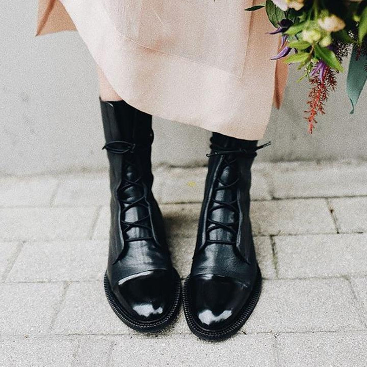 Chunky Block Heel Ankle Booties with Lace Up Front and Side Zipper
