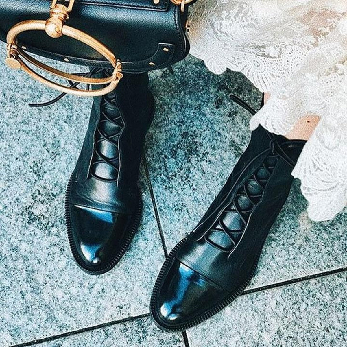 Chunky Block Heel Ankle Booties with Lace Up Front and Side Zipper