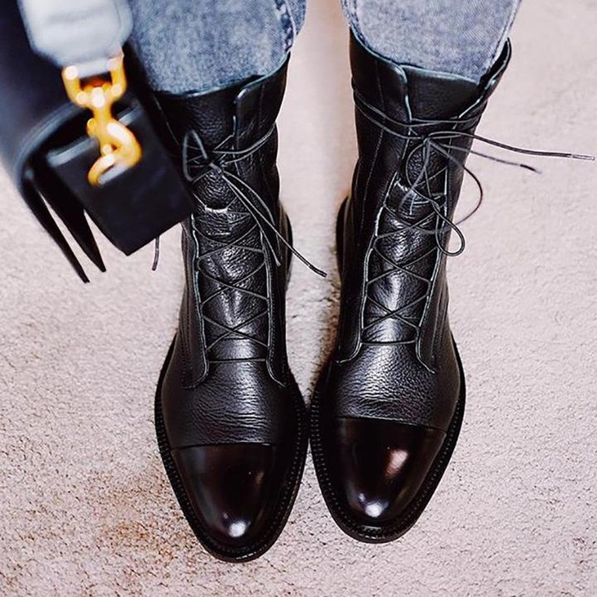 Chunky Block Heel Ankle Booties with Lace Up Front and Side Zipper