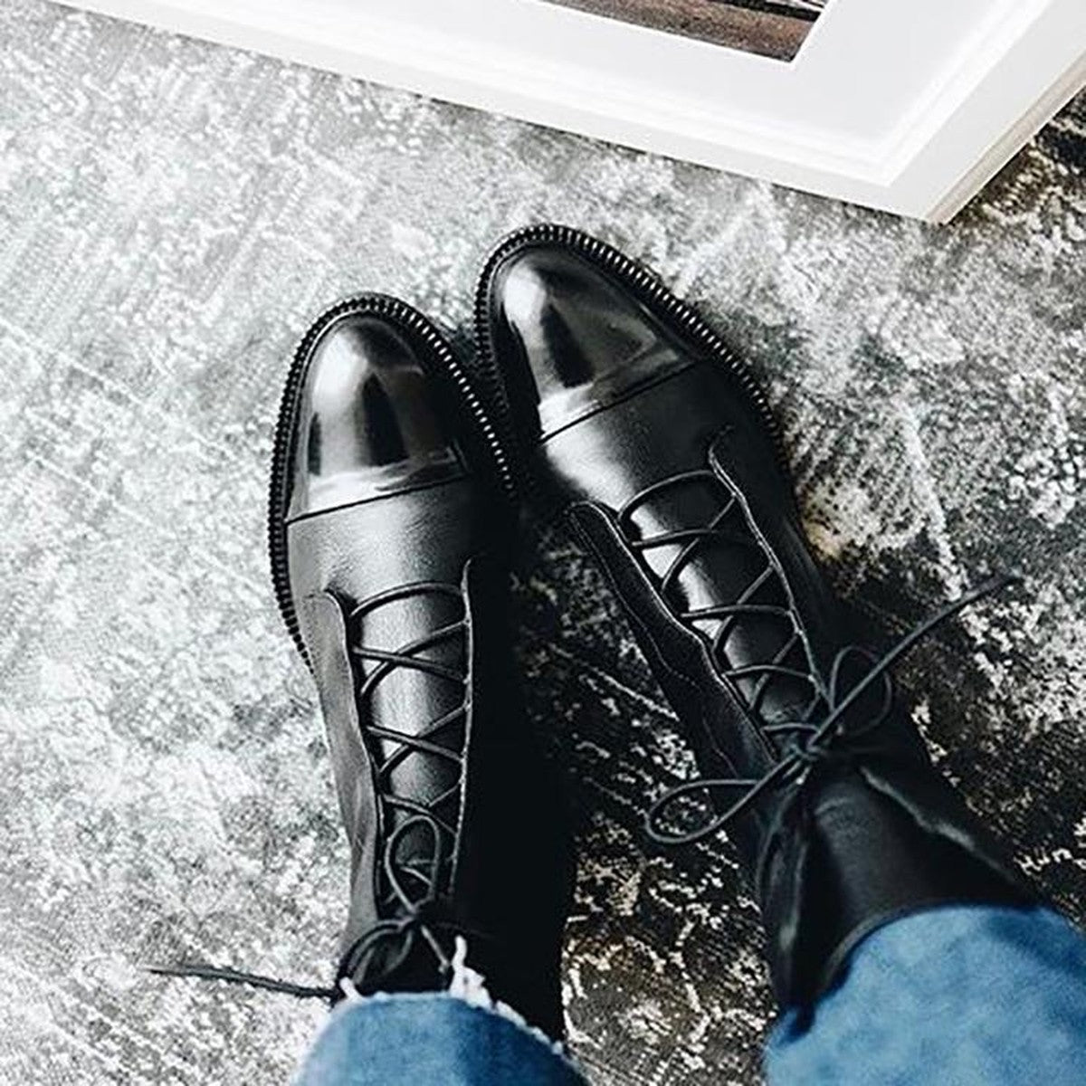 Chunky Block Heel Ankle Booties with Lace Up Front and Side Zipper