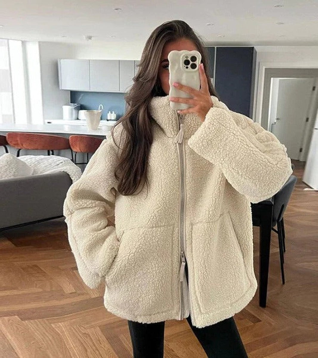 Warm Lambswool Fleece Jacket with Front Pockets and Button Closure