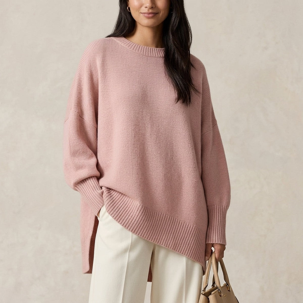 Oversized Ribbed Knit Pullover Sweater with Drop Shoulders and Crew Neck
