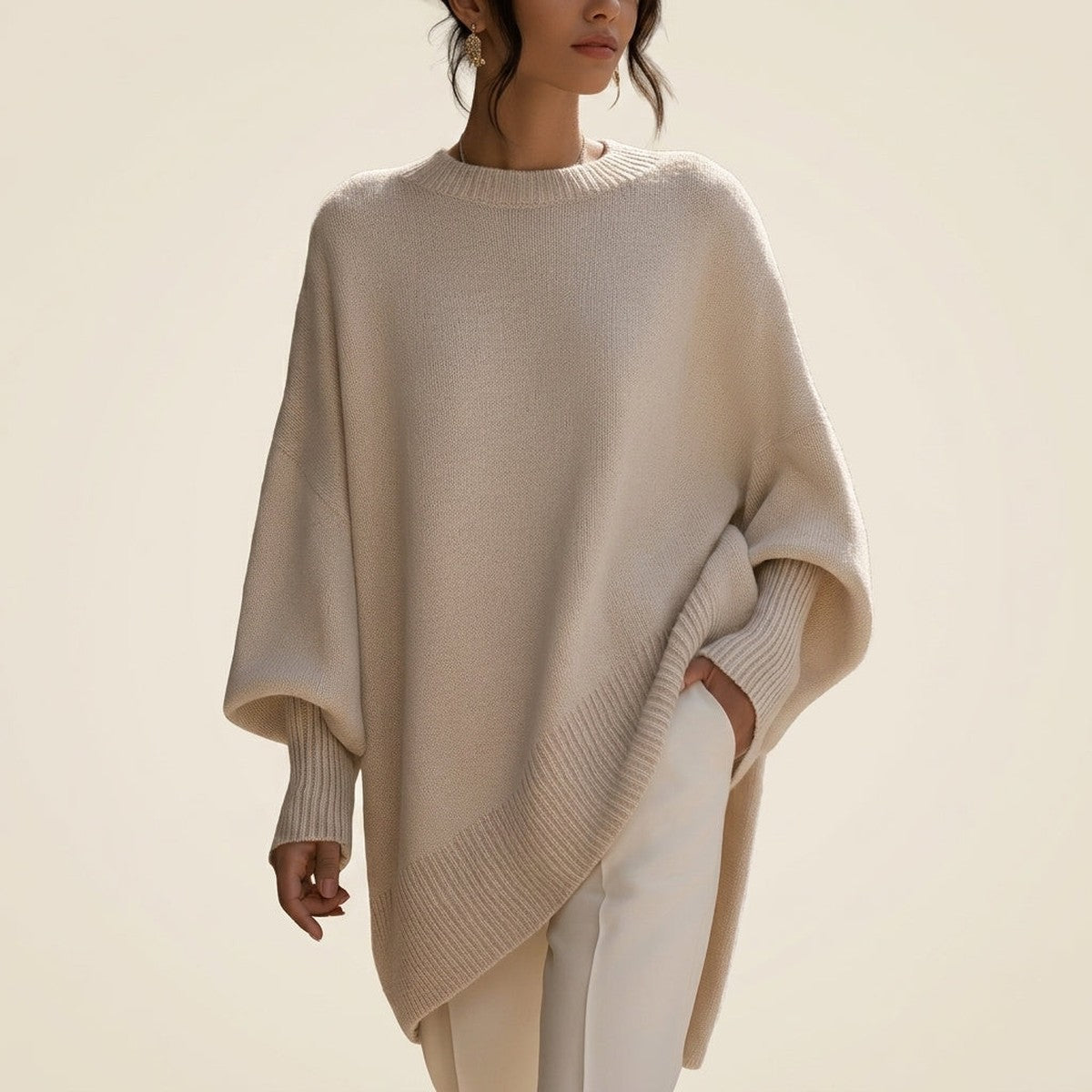 Oversized Ribbed Knit Pullover Sweater with Drop Shoulders and Crew Neck