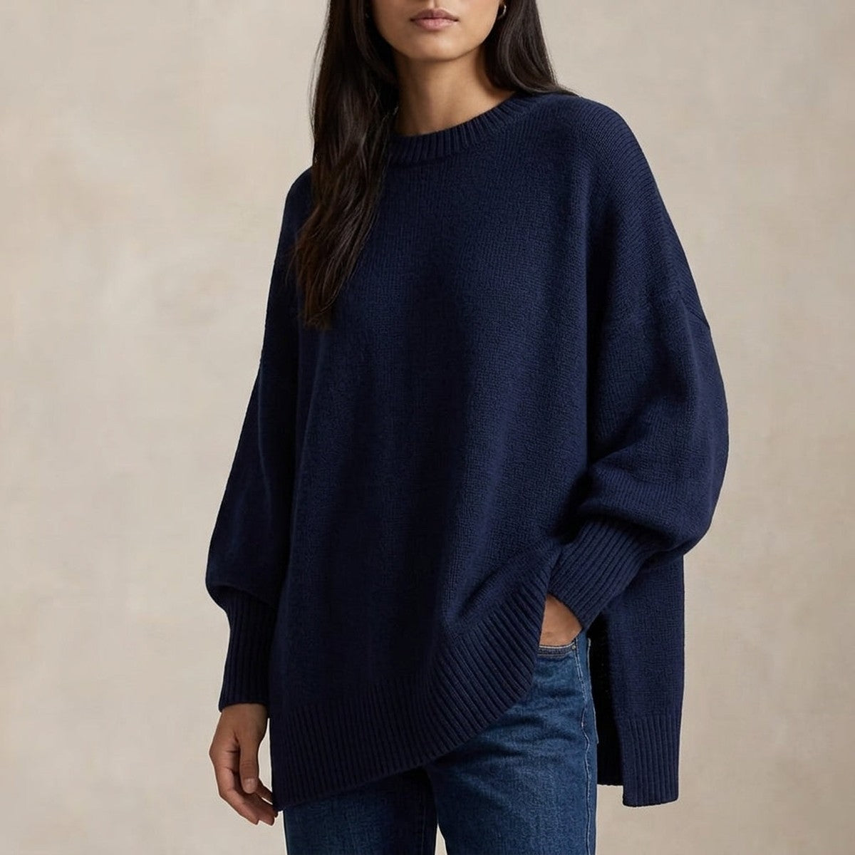 Oversized Ribbed Knit Pullover Sweater with Drop Shoulders and Crew Neck