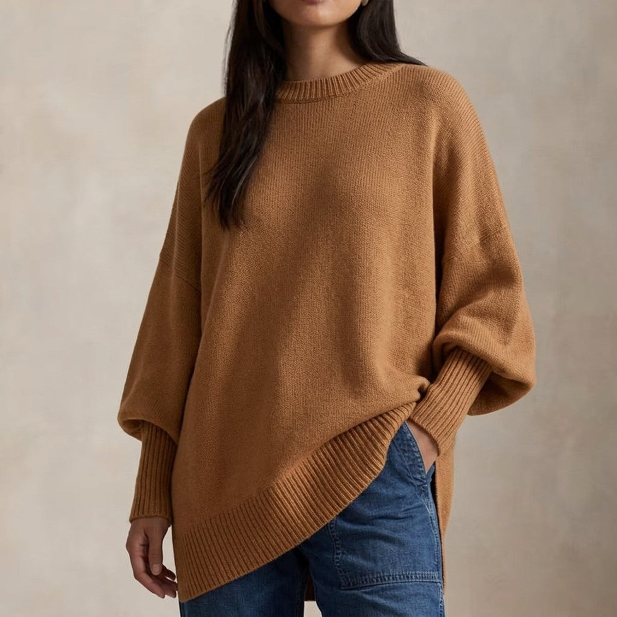Oversized Ribbed Knit Pullover Sweater with Drop Shoulders and Crew Neck