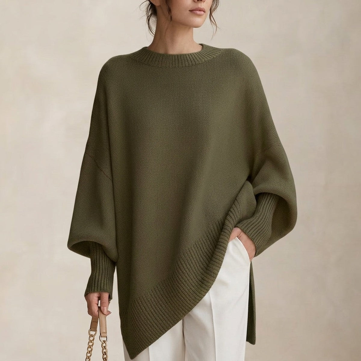 Oversized Ribbed Knit Pullover Sweater with Drop Shoulders and Crew Neck