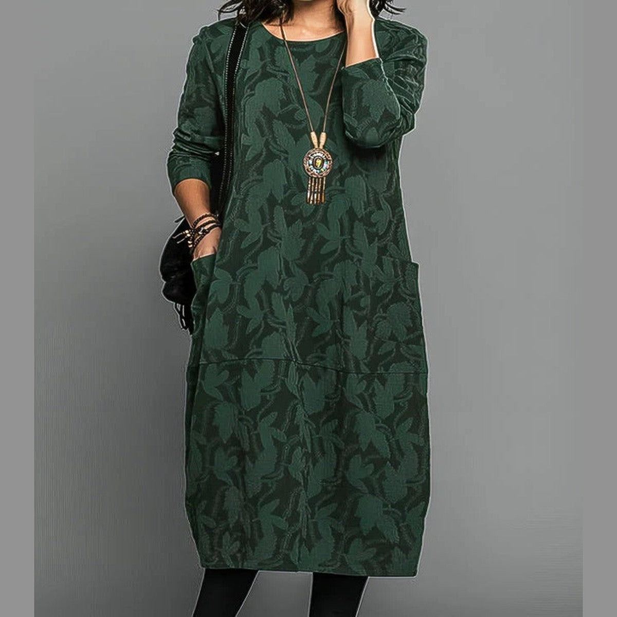 Long Sleeve Knit Sweater Dress with Button Cuff Sleeves and Round Neck