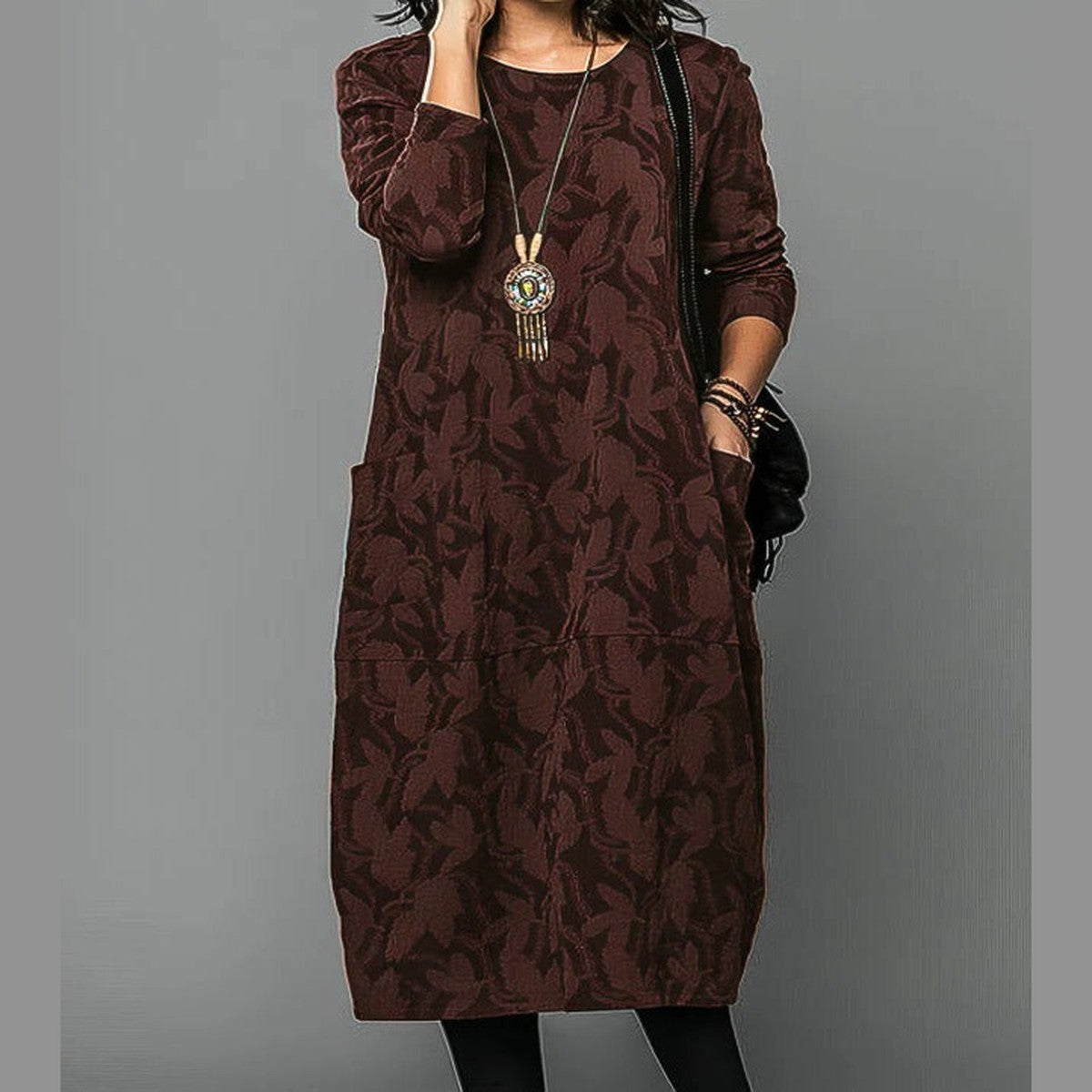 Long Sleeve Knit Sweater Dress with Button Cuff Sleeves and Round Neck