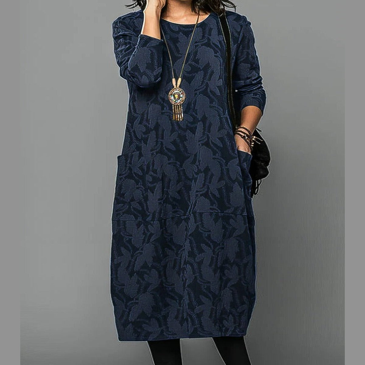 Long Sleeve Knit Sweater Dress with Button Cuff Sleeves and Round Neck