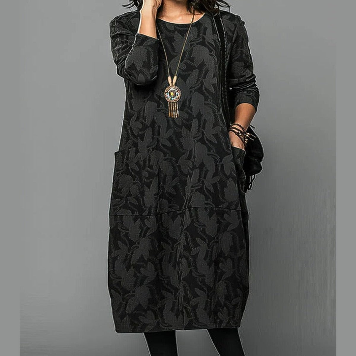Long Sleeve Knit Sweater Dress with Button Cuff Sleeves and Round Neck