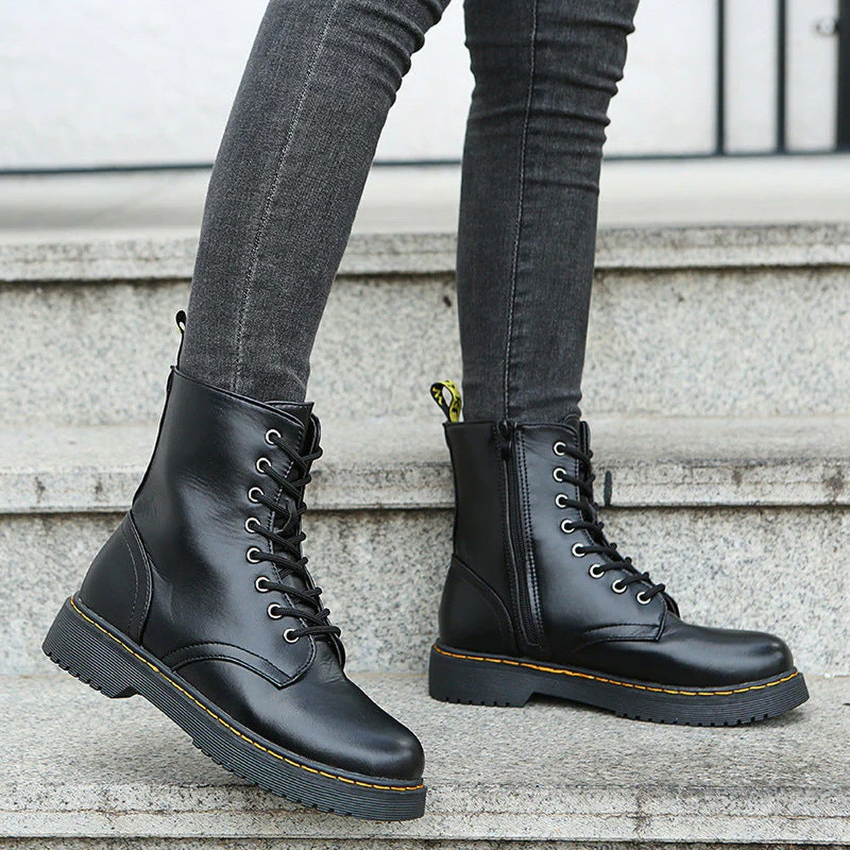 Chunky Platform Ankle Combat Boots with Lace Up and Side Zipper