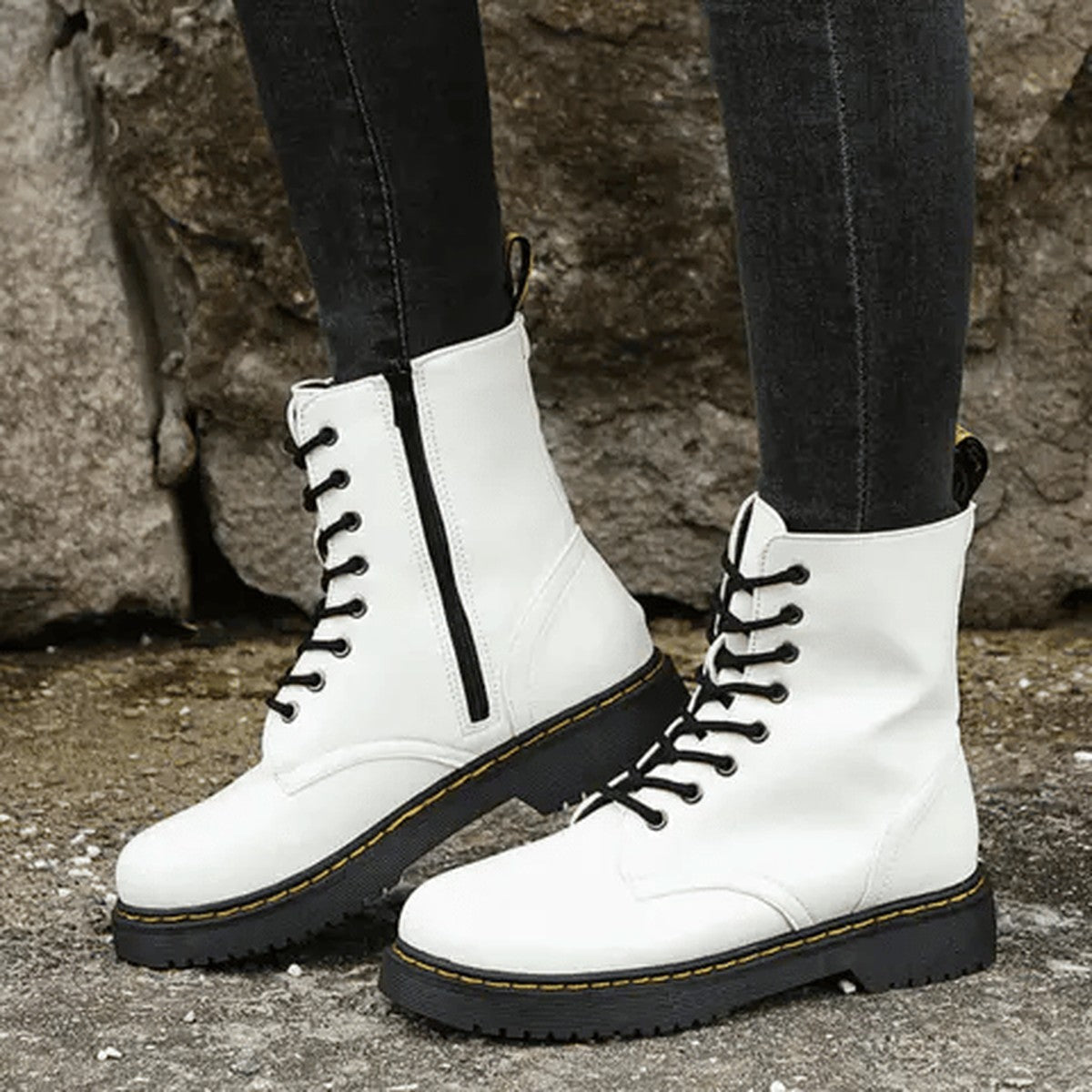 Chunky Platform Ankle Combat Boots with Lace Up and Side Zipper