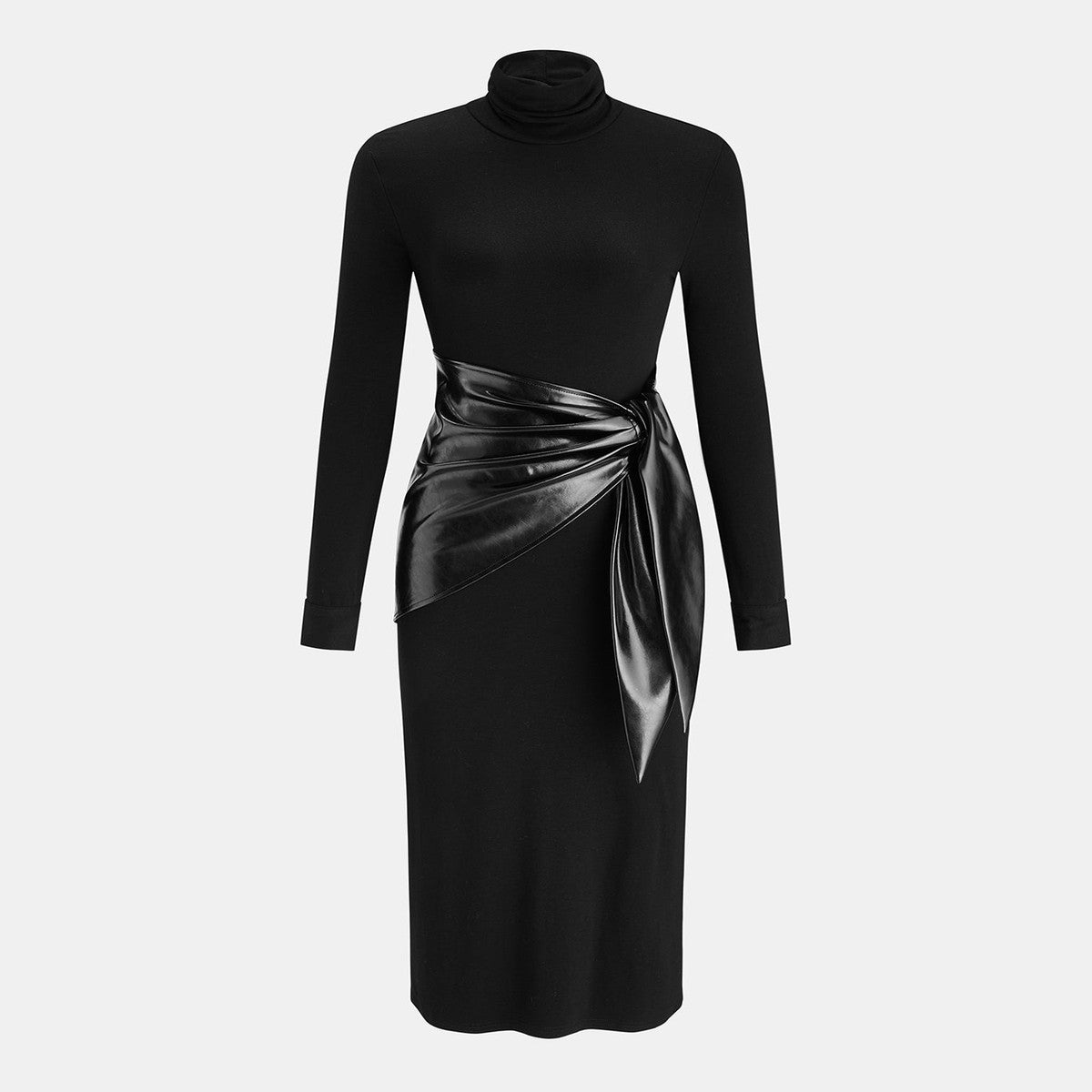 Long Sleeve Knit Maxi Dress with Faux Leather Belt and Patch Pockets