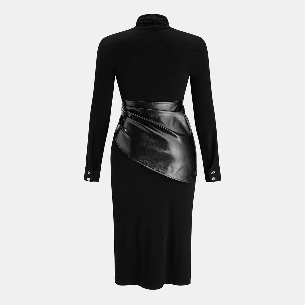 Long Sleeve Knit Maxi Dress with Faux Leather Belt and Patch Pockets
