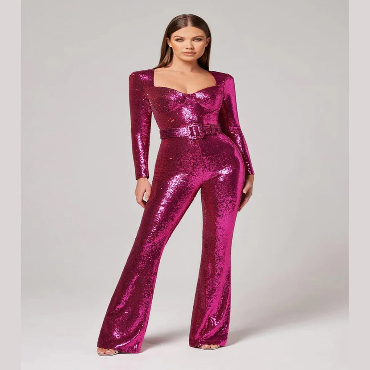 Sparkly Sequin Wide Leg Jumpsuit with Deep V Neck and Long Sleeves