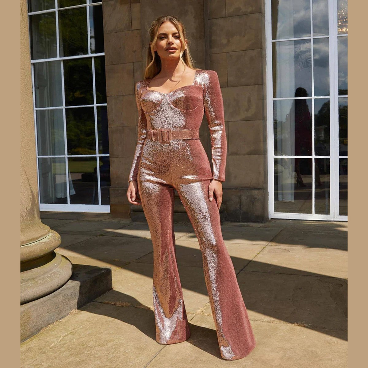 Sparkly Sequin Wide Leg Jumpsuit with Deep V Neck and Long Sleeves