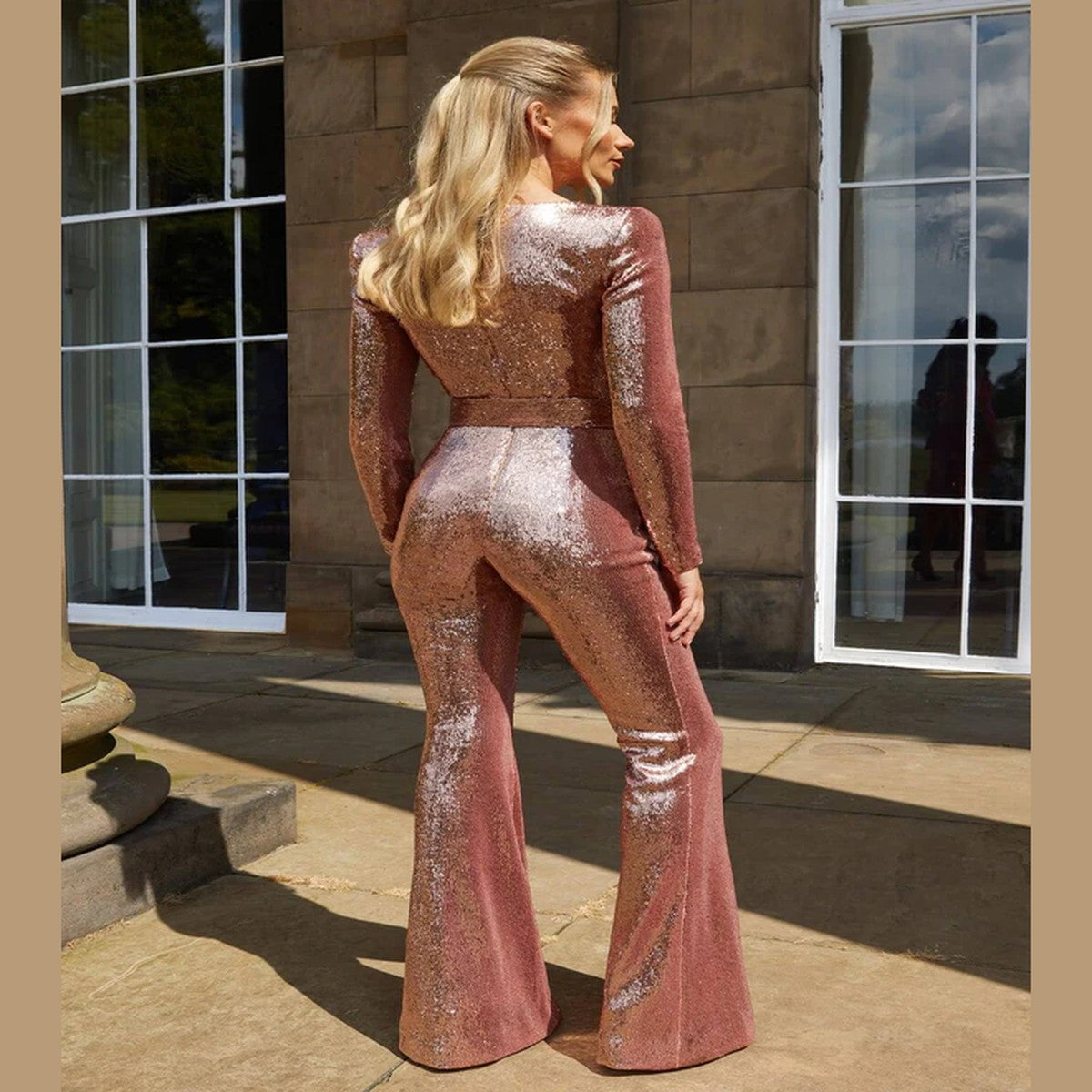Sparkly Sequin Wide Leg Jumpsuit with Deep V Neck and Long Sleeves
