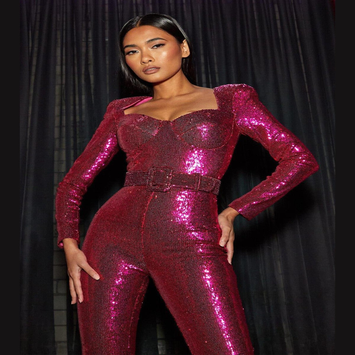 Sparkly Sequin Wide Leg Jumpsuit with Deep V Neck and Long Sleeves