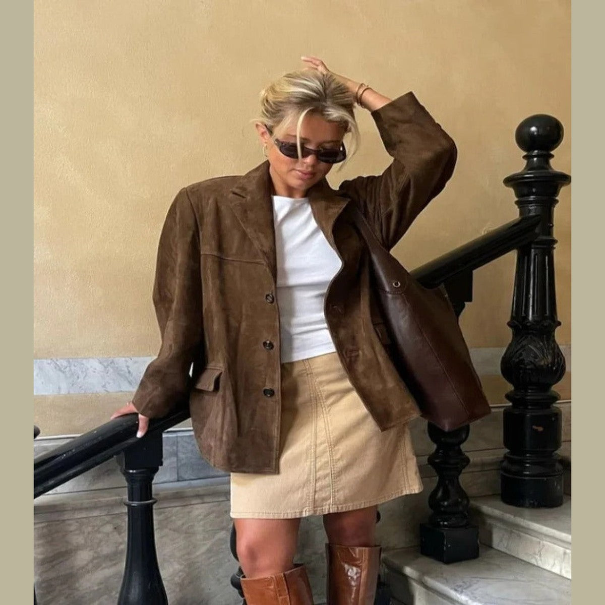 Womens Cropped Faux Suede Moto Jacket with Asymmetrical Front Zipper