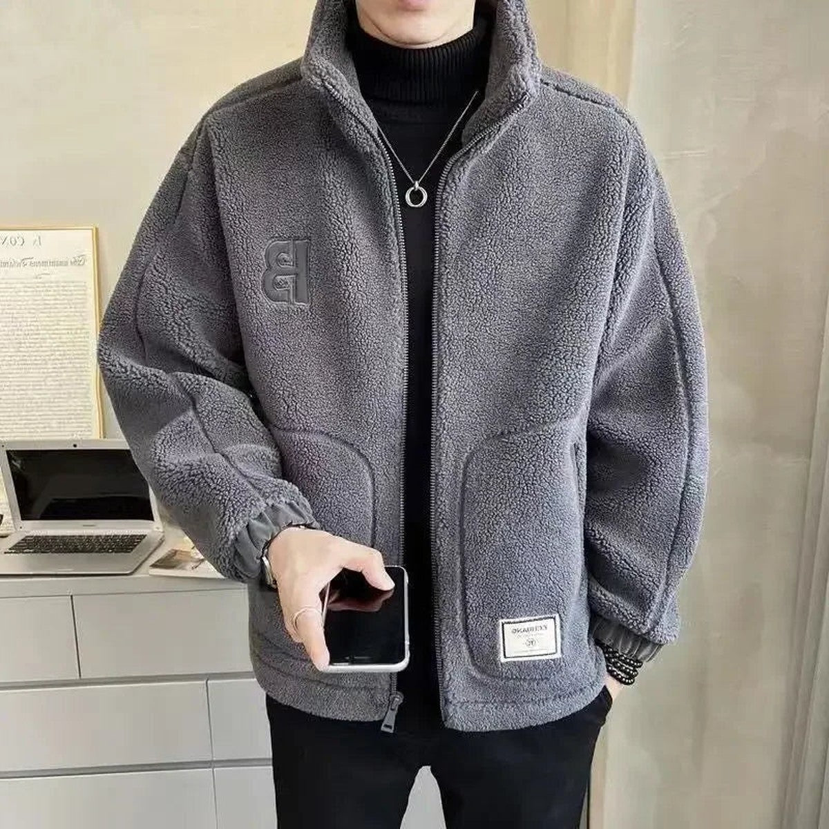 Men Warm Knit Hooded Winter Jacket with Button Closure and Front Pockets