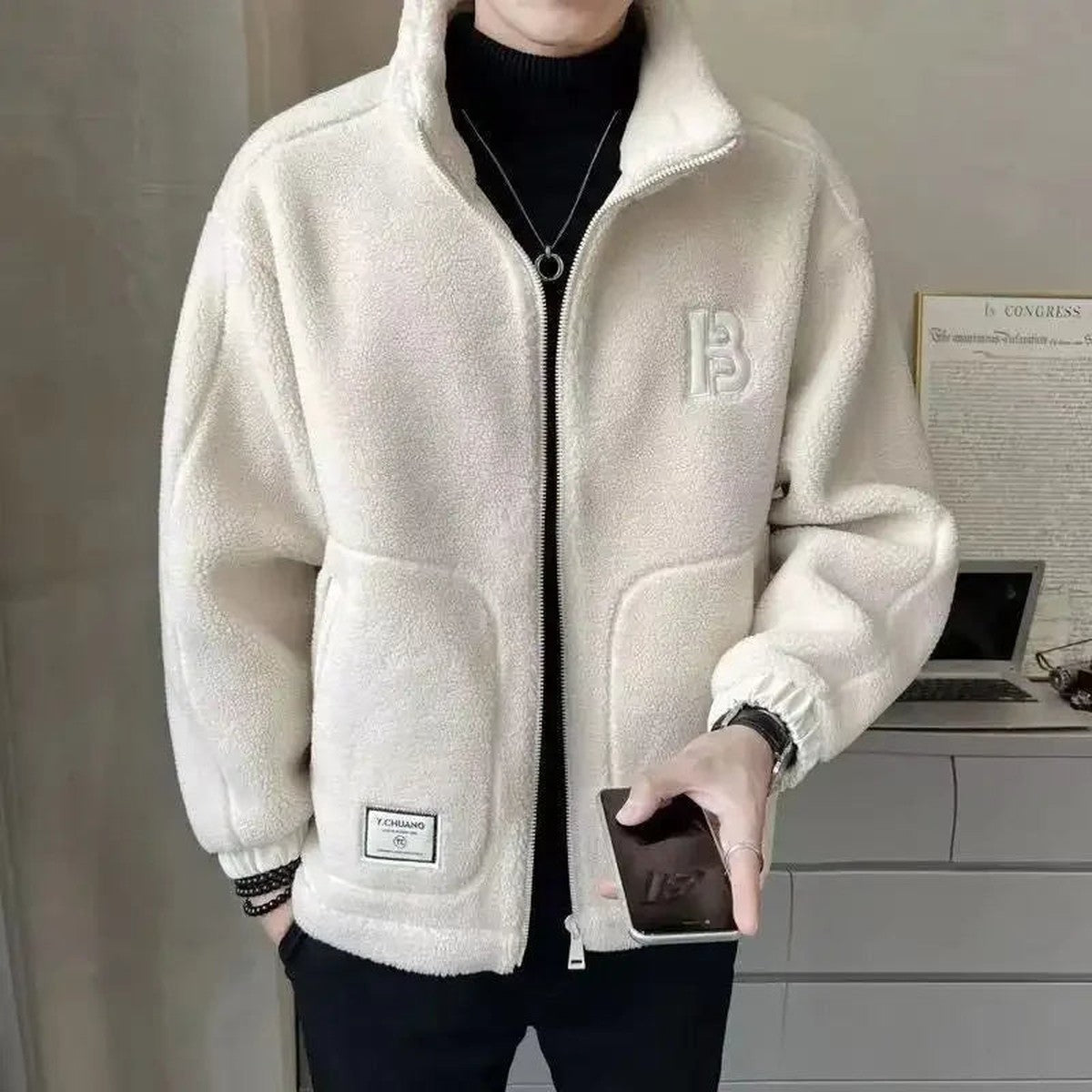 Men Warm Knit Hooded Winter Jacket with Button Closure and Front Pockets