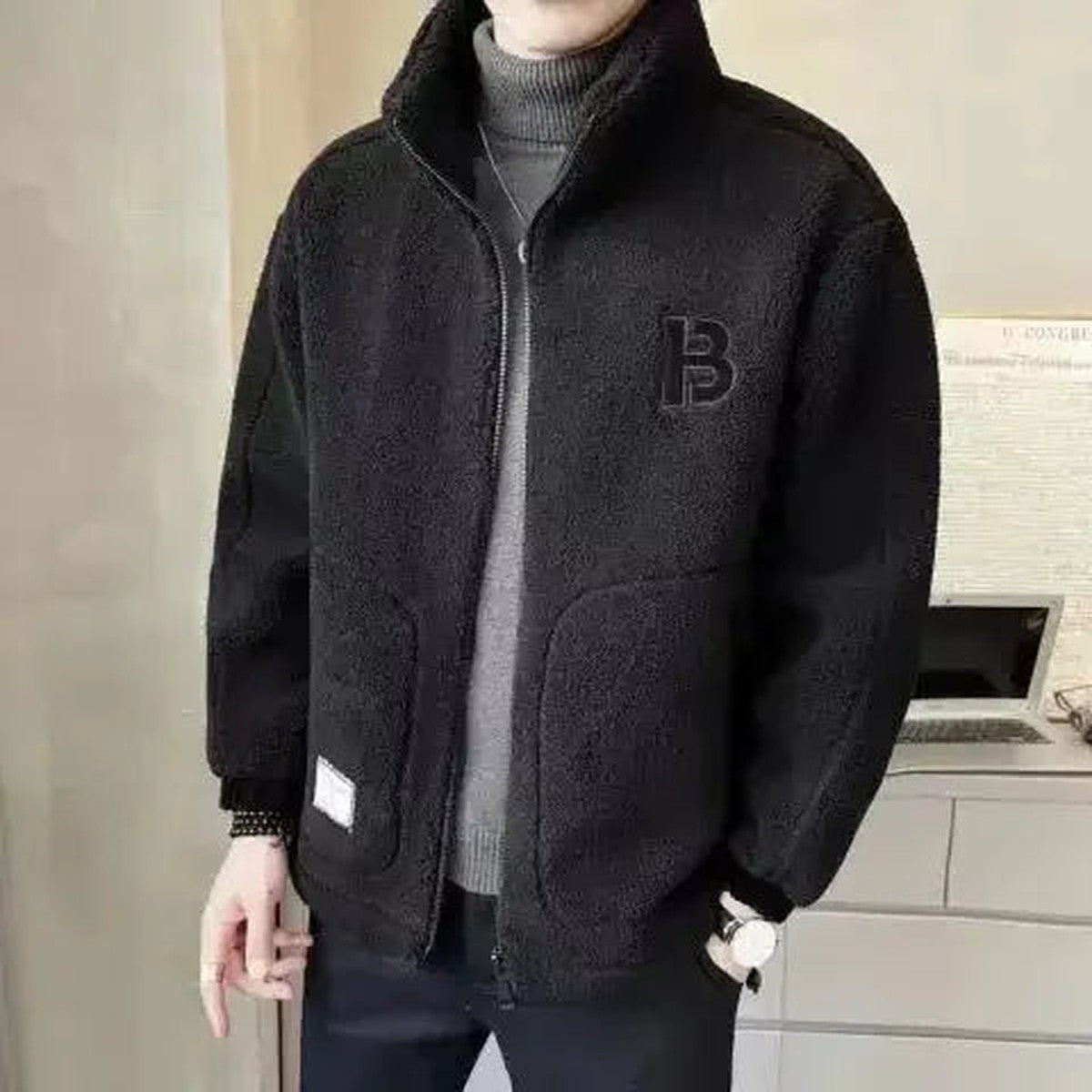 Men Warm Knit Hooded Winter Jacket with Button Closure and Front Pockets
