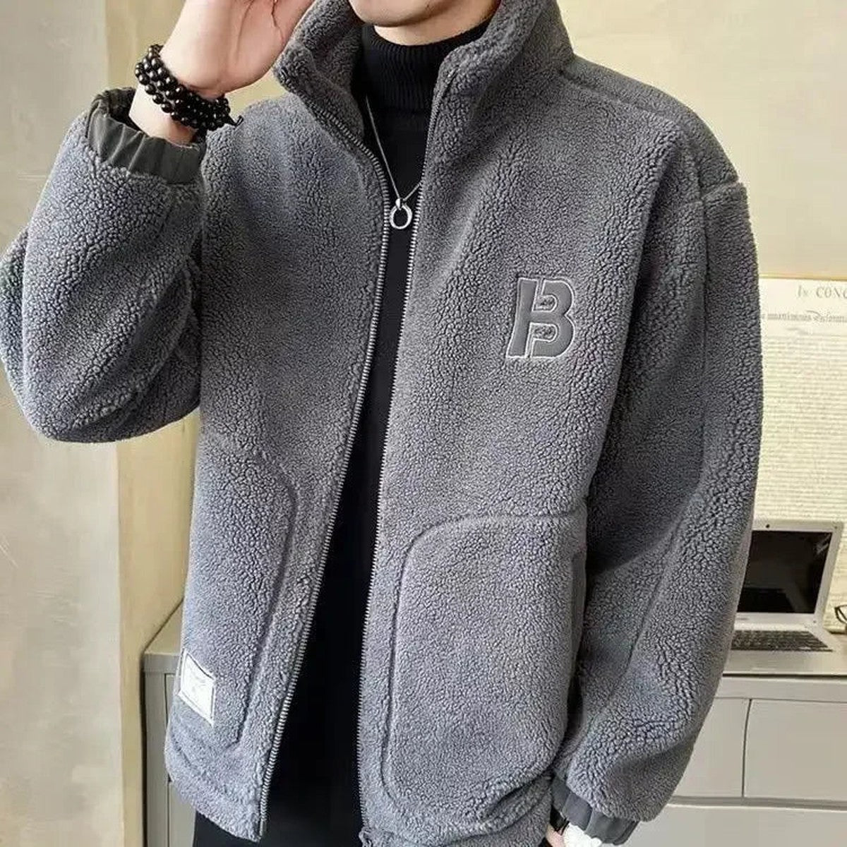 Men Warm Knit Hooded Winter Jacket with Button Closure and Front Pockets