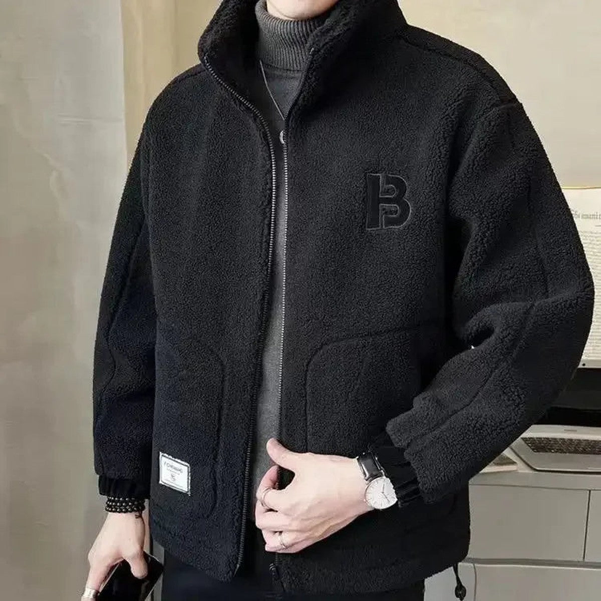Men Warm Knit Hooded Winter Jacket with Button Closure and Front Pockets