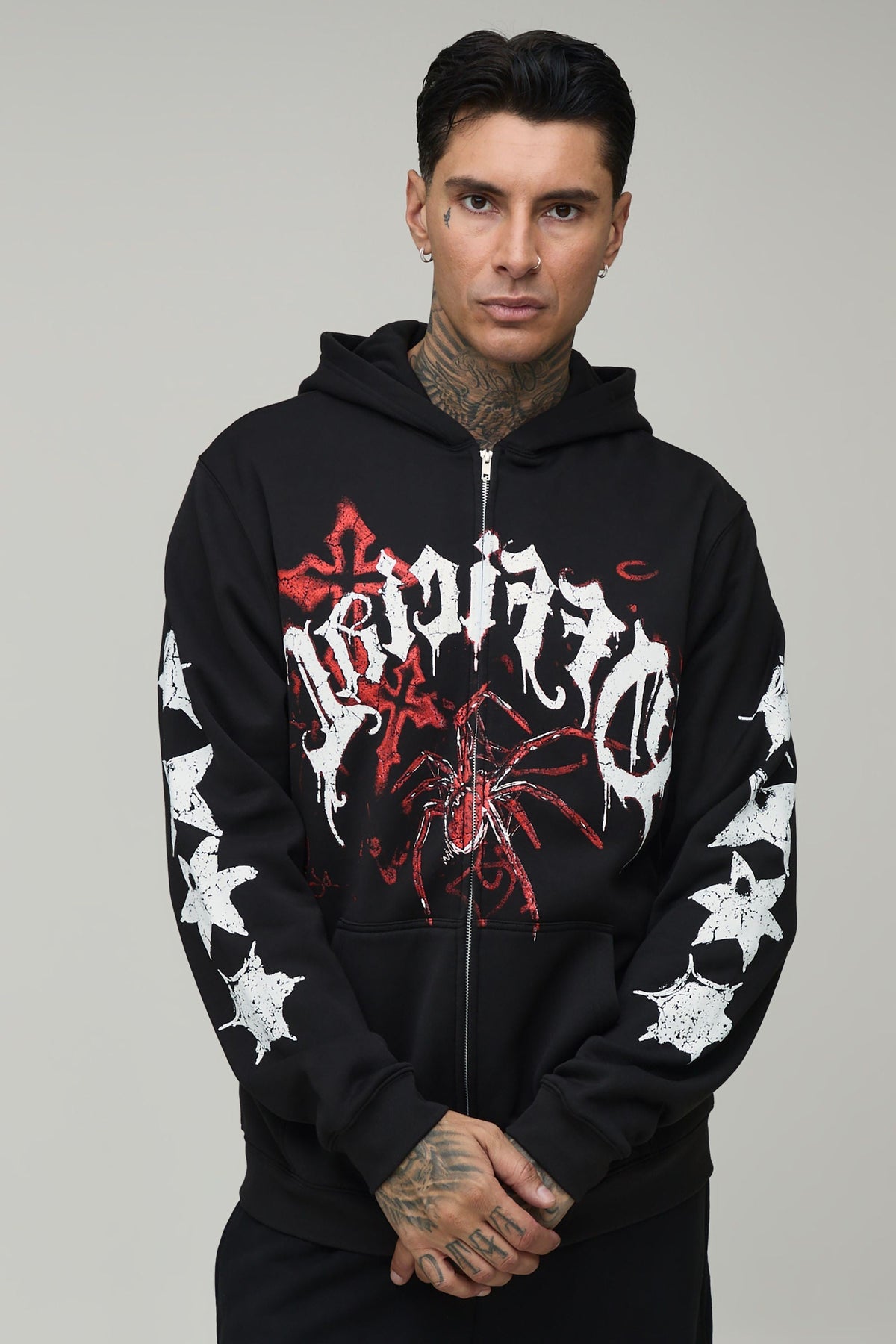 Casual Long Sleeve Zip Up Hoodie with Spider Graphic Doodle Print
