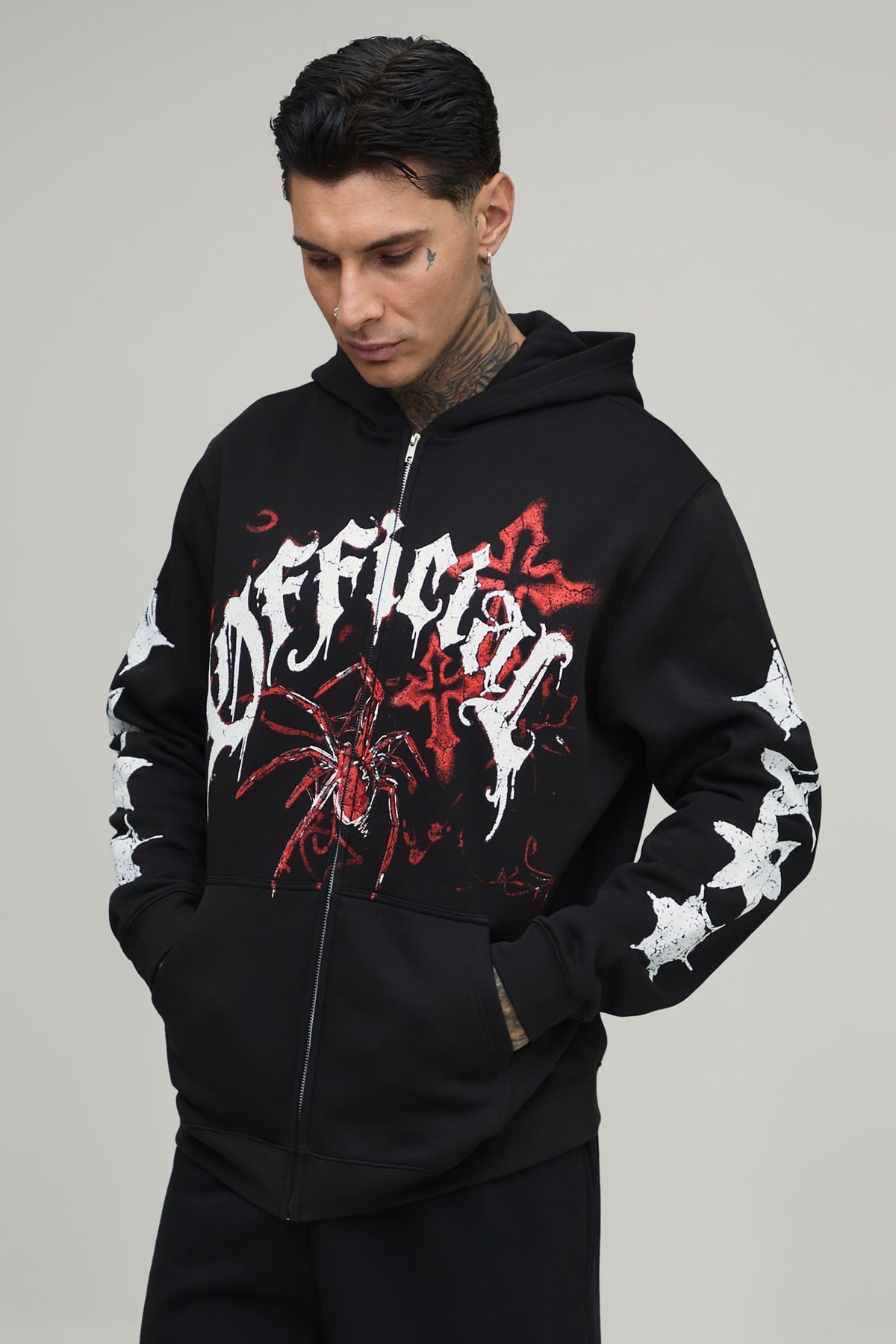 Casual Long Sleeve Zip Up Hoodie with Spider Graphic Doodle Print