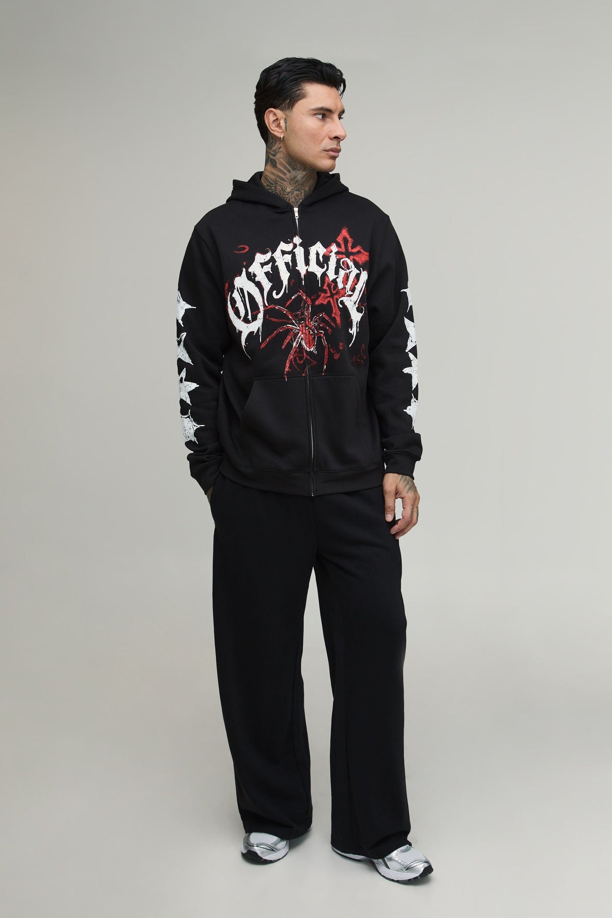 Casual Long Sleeve Zip Up Hoodie with Spider Graphic Doodle Print