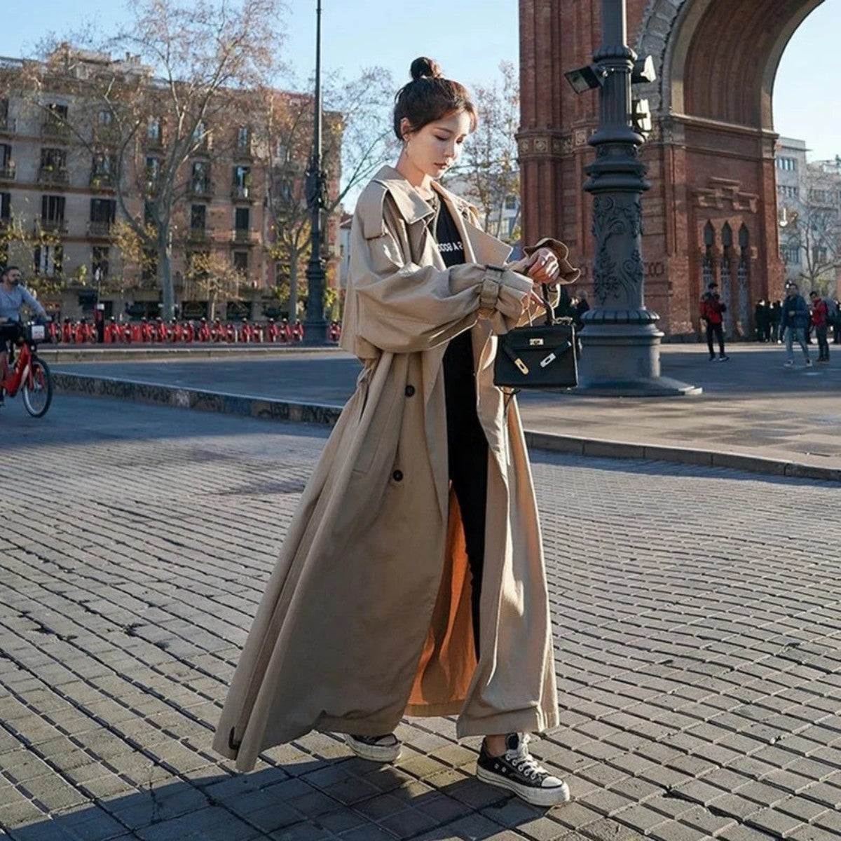 Double Breasted Long Maxi Trench Coat with Waist Belt for Women