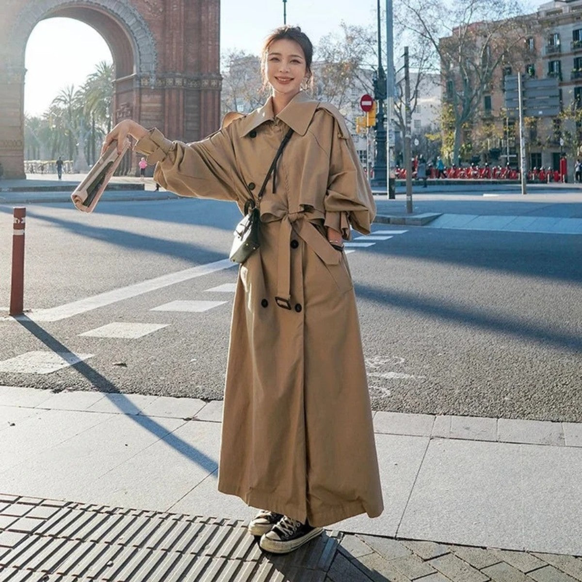 Double Breasted Long Maxi Trench Coat with Waist Belt for Women