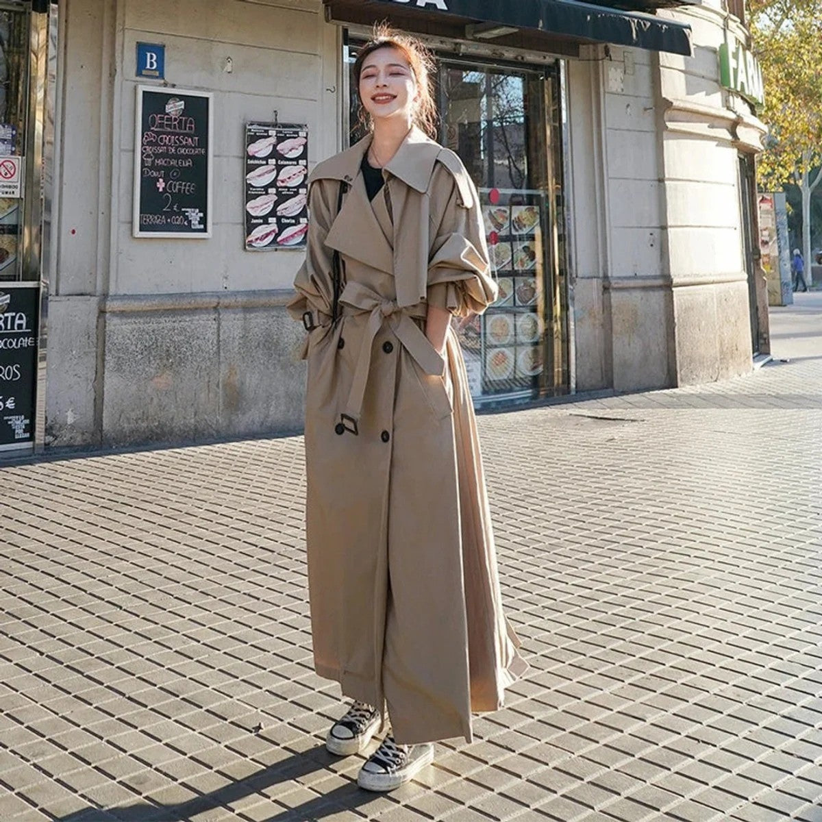 Double Breasted Long Maxi Trench Coat with Waist Belt for Women