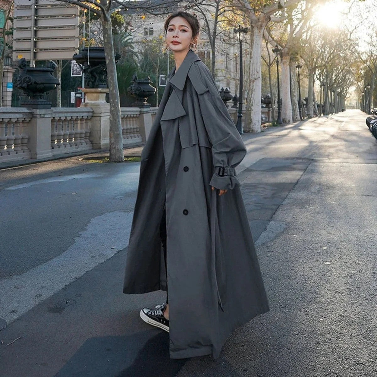 Double Breasted Long Maxi Trench Coat with Waist Belt for Women