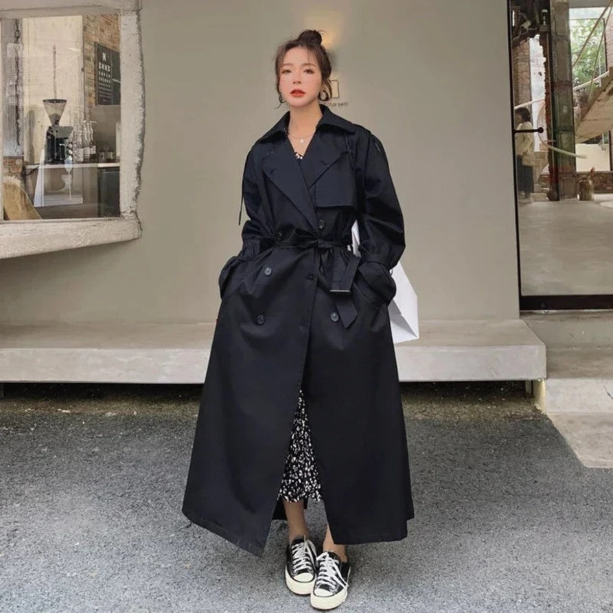 Double Breasted Long Maxi Trench Coat with Waist Belt for Women