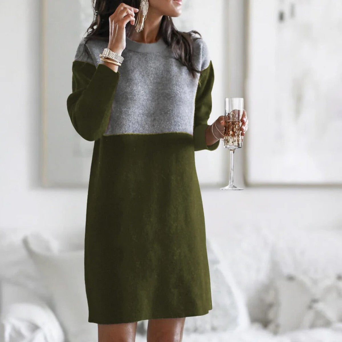 Long Sleeve Ribbed Knit Midi Dress with Side Slit