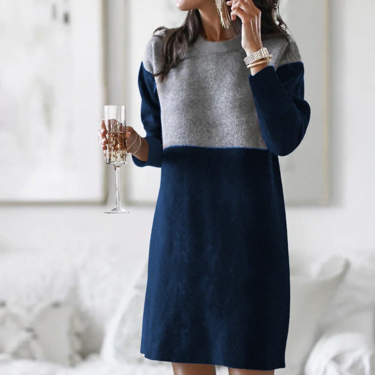 Long Sleeve Ribbed Knit Midi Dress with Side Slit