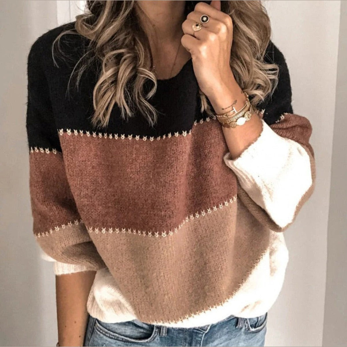 Long Sleeve Cashmere Knit Pullover Sweater with Ribbed Crewneck and Colorful Stripes