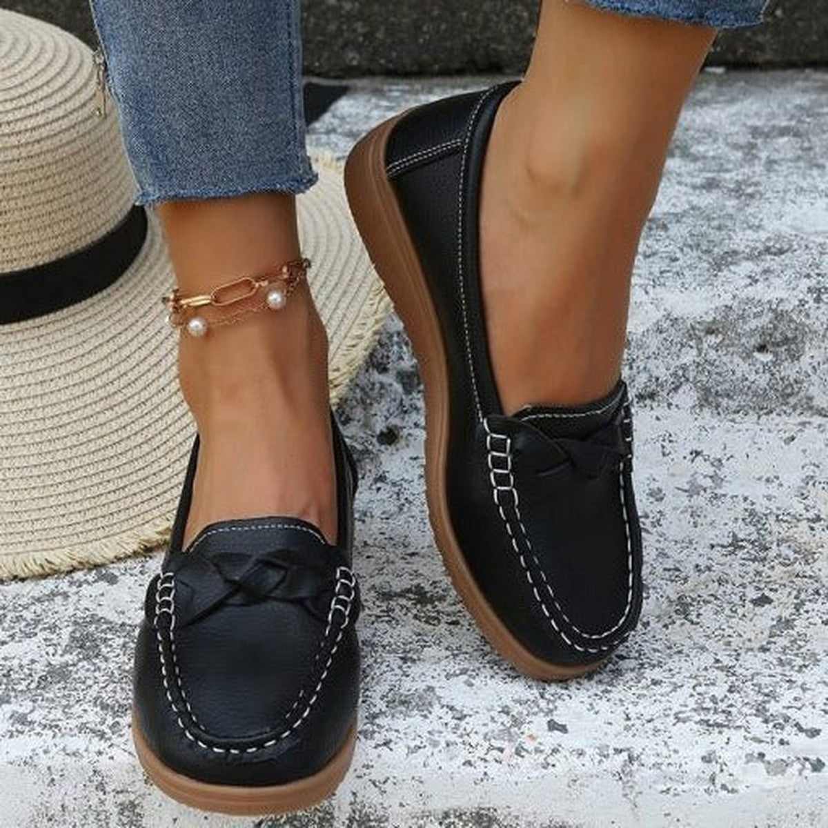Casual Pointed Toe Slip on Moccasins with Perforated Leather and Flexible Sole