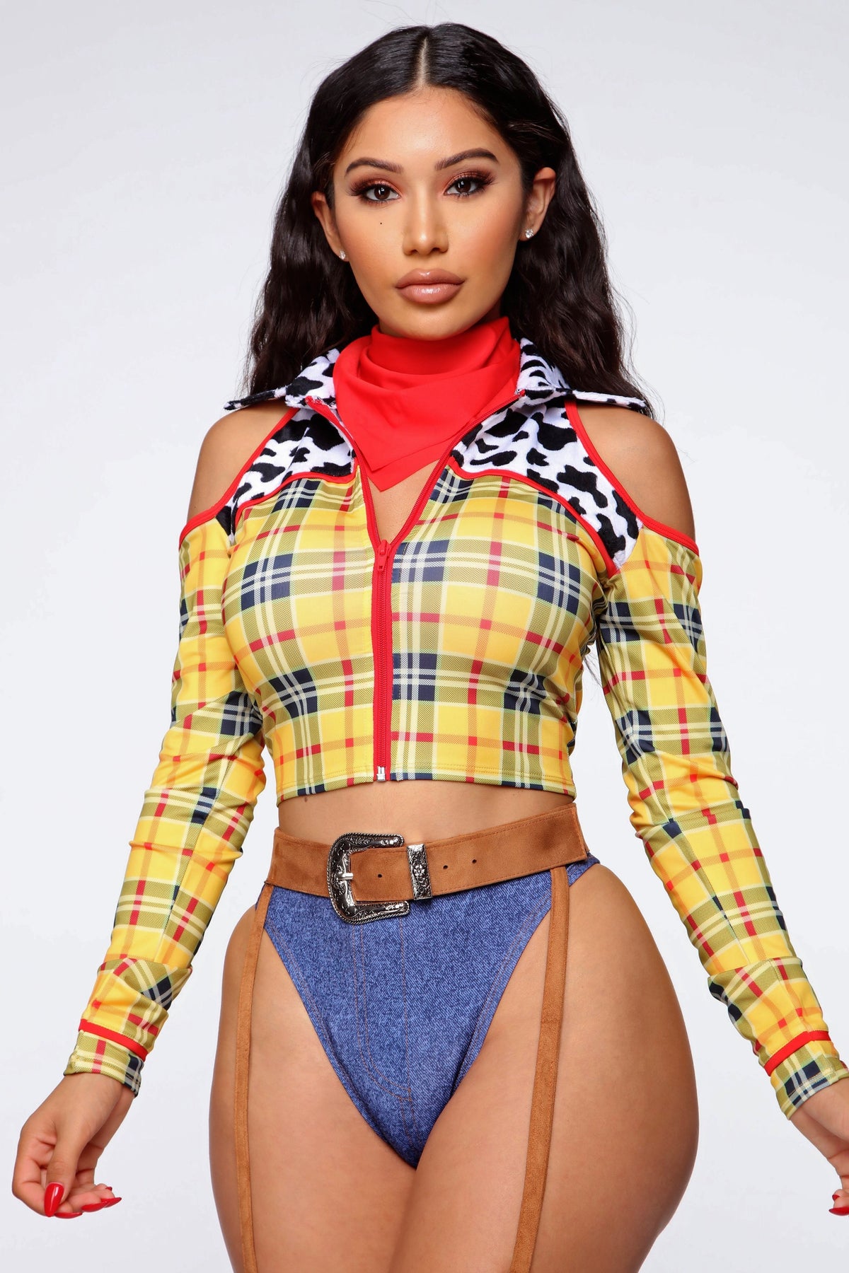 Women Western Sheriff Cowgirl Costume Set with Plaid Crop Top and Skirt