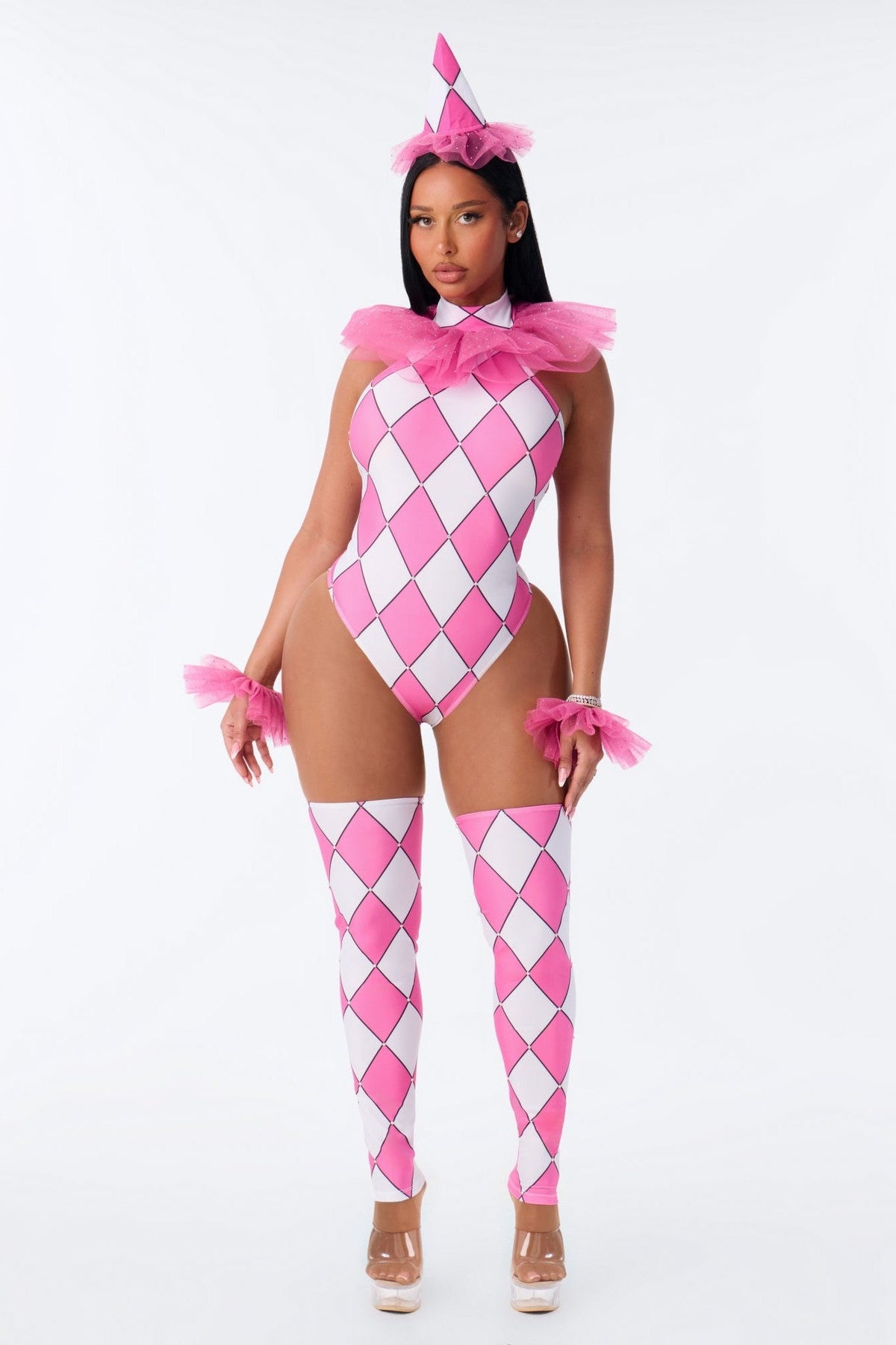 Women Clown Romper Costume with Tiered Collar and Pom Pom Accents