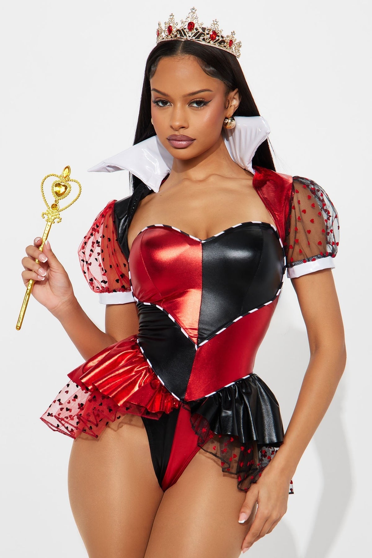 Queen of Hearts Playing Card Bodysuit Costume with Cape and Crown