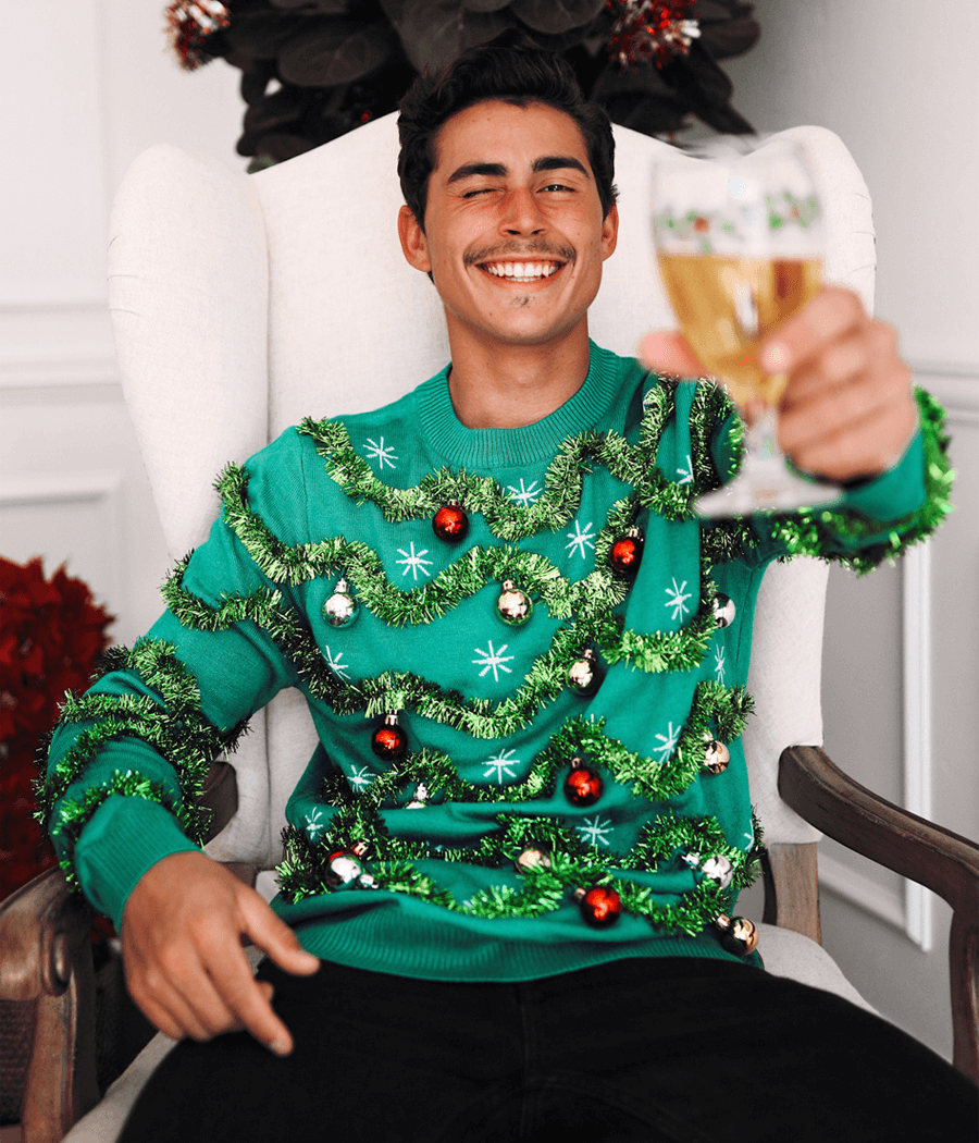 Pullover Christmas Sweater with Garland Design and Shiny Baubles